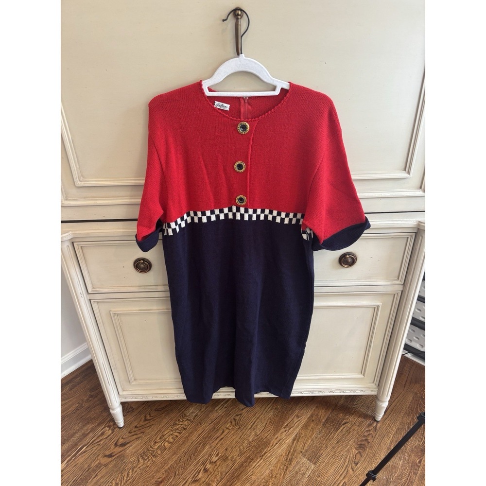 Vintage 1980s Navy Red Colorblock Dress Button Detail Size 10‎ Midi